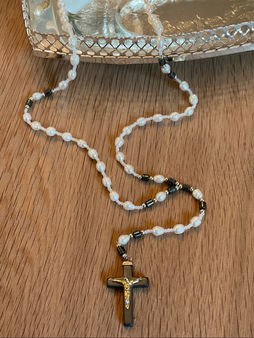 Freshwater Pearls And Hematite Rosary Necklace with Cross Pendant